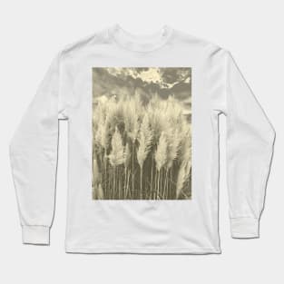 White Pampas Grass with dramatic sky above, nature sepia color photography Long Sleeve T-Shirt